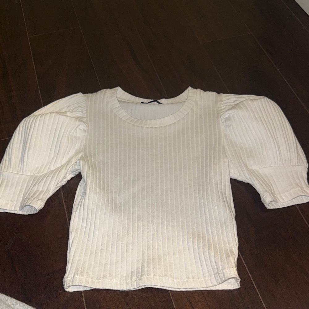 Cream Ribbed Puff-Sleeve Kids Top
